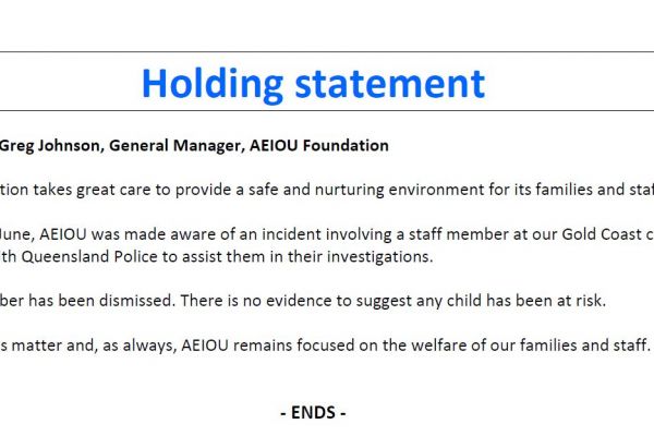 Statement by AEIOU Foundation General Manager Greg Johnson